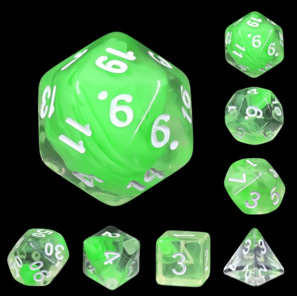 "Lime Burst" - Lime Green with White Inking - Polyhedral Dice (7) - Level One Dice