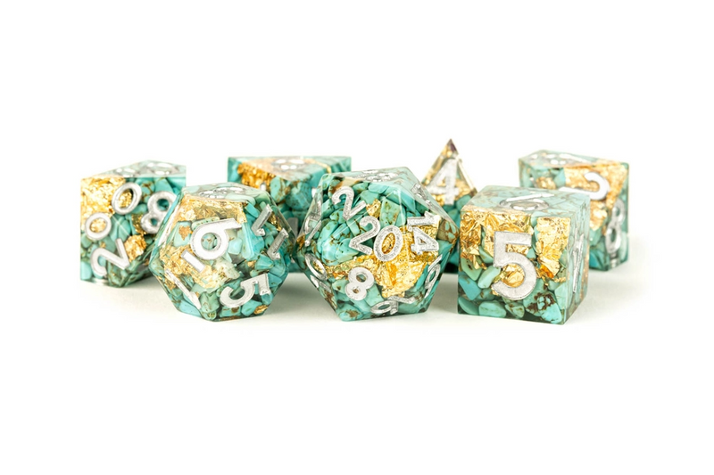 Metallic Dice Games: Premium Handcrafted Sharp Edge Inclusion Polyhedral Dice Set - Turquoise Pebbles