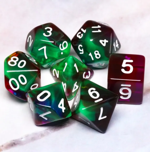 "Potion of Vigor" - Red, Blue, & Green Swirl with White Inking - Polyhedral Set (7) - Level One Dice