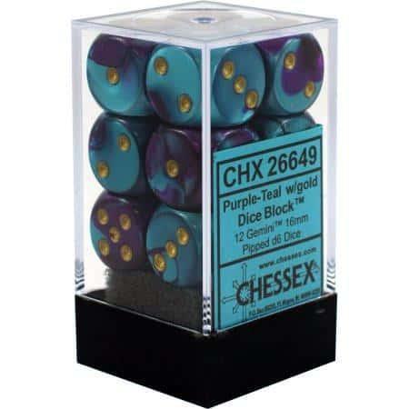 Chessex: Gemini Purple and Teal w/ Gold - 16mm d6 Dice Set (12) - CHX26649
