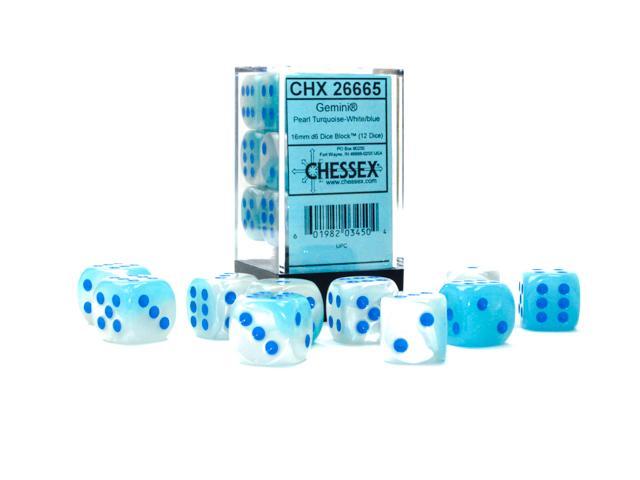 Chessex: Gemini Pearl Turquoise-White w/ Blue Luminary - 16mm d6 Dice Set (12) - CHX26665 