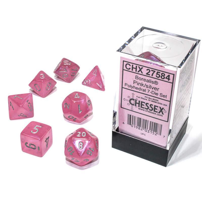 Chessex: Borealis Luminary Pink w/ Silver - Polyhedral Dice Set (7) - CHX27584