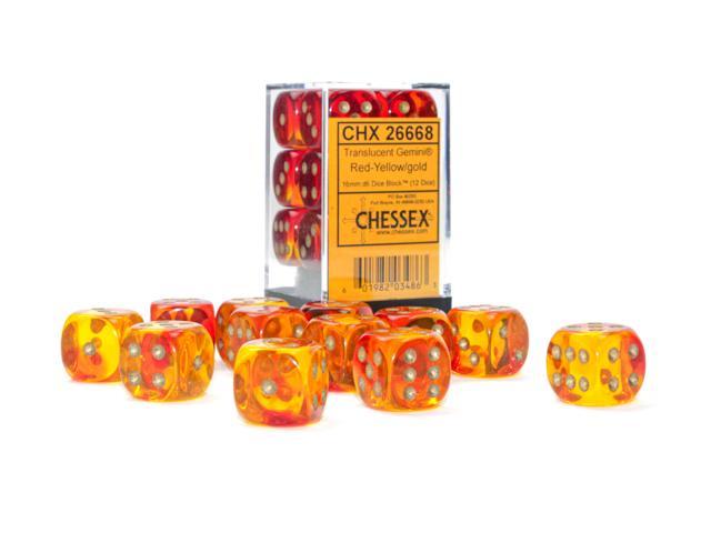 Chessex: Gemini Translucent Red-Yellow w/ Gold - 16mm d6 Dice Set (12) - CHX26668 