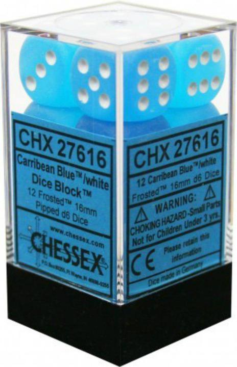 Chessex: Frosted Caribbean Blue w/ White - 16mm d6 Dice Set (12) - CHX27616