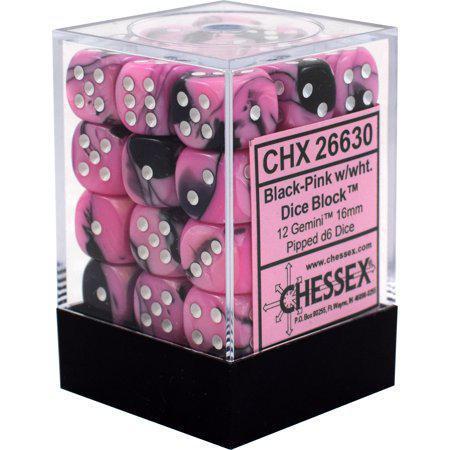 Chessex: Gemini Black and Pink w/ White - 12mm d6 Dice Set (36) - CHX26830