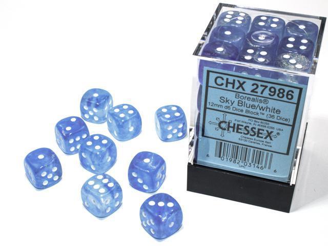 Chessex: Borealis Luminary Sky Blue w/ White - 12mm d6 Dice Set (36) - CHX27986