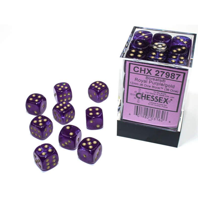 Chessex: Borealis Luminary Royal Purple w/ Gold - 12mm d6 Dice Set (36) - CHX27987