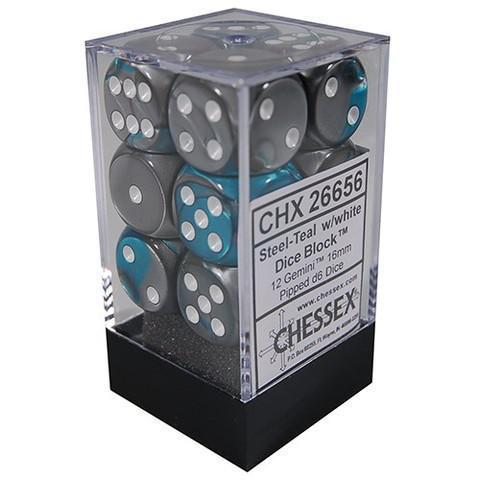Chessex: Gemini Steel Teal w/ White - 16mm d6 Dice Set (12) - CHX26656