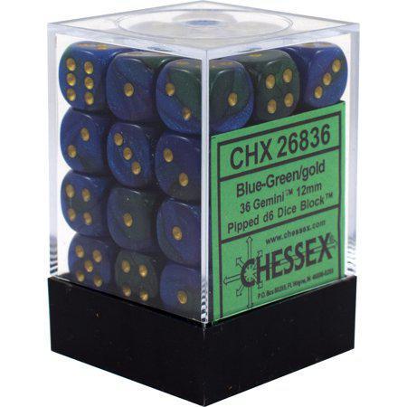 Chessex: Gemini Blue and Green w/ Gold - 12mm d6 Dice Set (36) - CHX26836