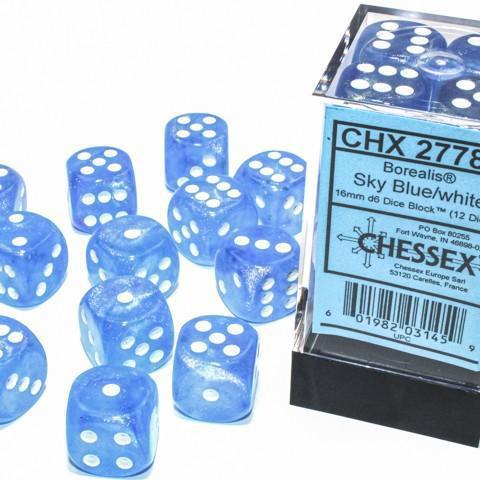 Chessex: Borealis Luminary Sky Blue w/ White - 16mm d6 Dice Set (12) - CHX27786