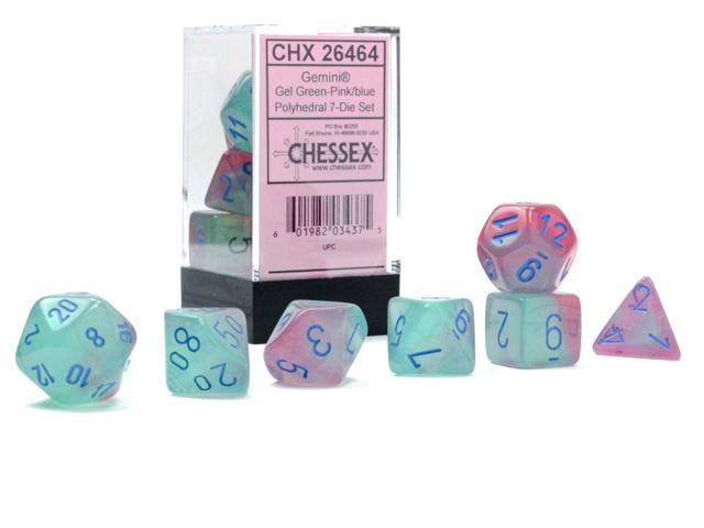 Chessex: Gemini Gel Green and Pink w/ Blue Luminary Dice - Polyhedral Dice Set (7) - CHX26464 