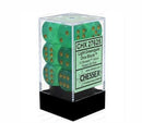 Chessex: Borealis Light Green w/ Gold - 16mm d6 Dice Set (12) - CHX27625