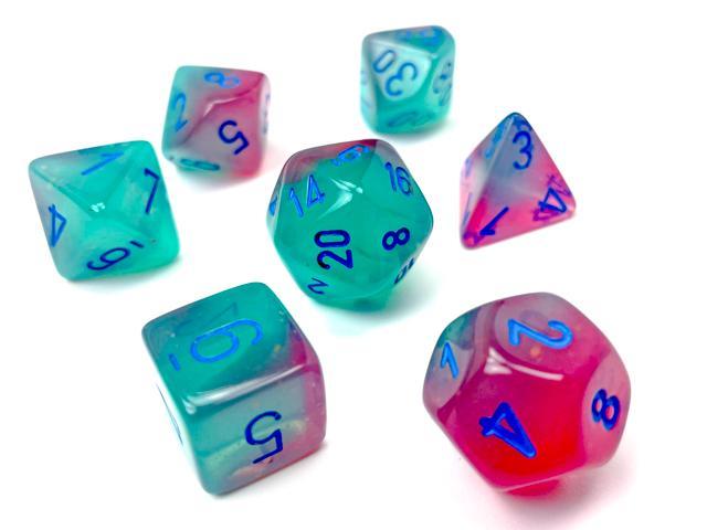 Chessex: Gemini Gel Green and Pink w/ Blue Luminary Dice - Polyhedral Dice Set (7) - CHX26464 