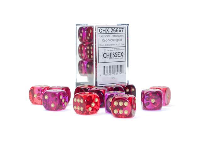Chessex: Gemini Translucent Red-Violet w/ Gold - 16mm d6 Dice Set (12) - CHX26667 
