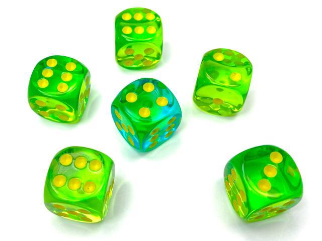 Chessex: Gemini Translucent Green-Teal w/ Yellow - 16mm d6 Dice Set (12) - CHX26666 