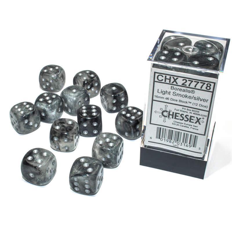 Chessex: Borealis Luminary Light Smoke w/ Silver - 16mm d6 Dice Set (12) - CHX27778