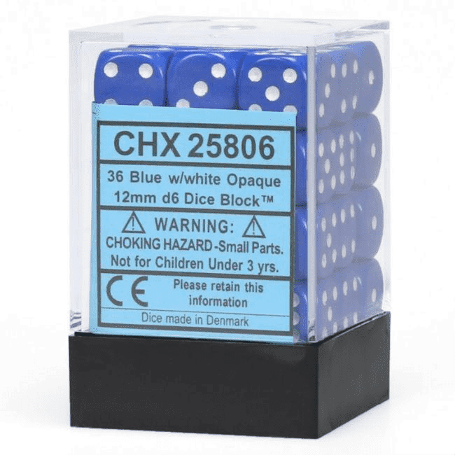 Chessex: Blue w/ White Opaque - 12mm d6 Dice Set (36) - CHX25806
