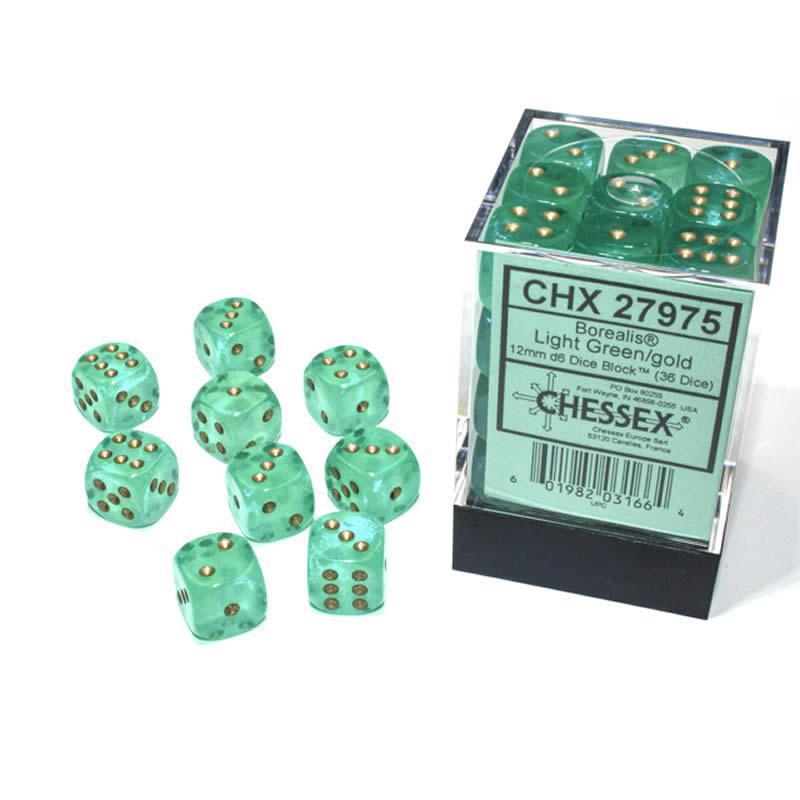 Chessex: Borealis Luminary Light Green w/ Gold - 12mm d6 Dice Set (36) - CHX27975