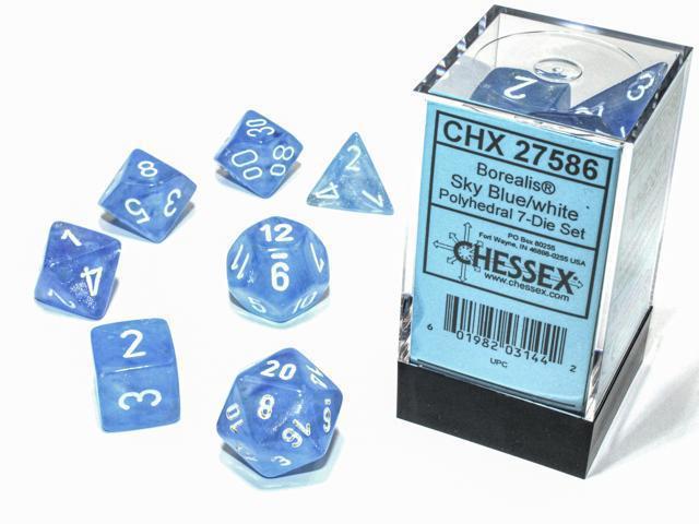 Chessex: Borealis Luminary Sky Blue w/ White - Polyhedral Dice Set (7) - CHX27586