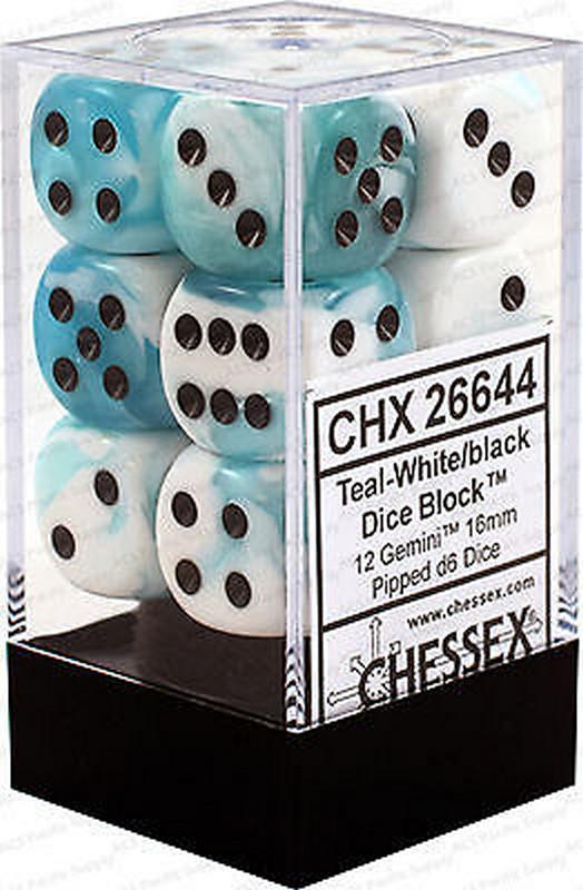 Chessex: Gemini Teal and White w/ Black - 16mm d6 Dice Set (12) - CHX26644