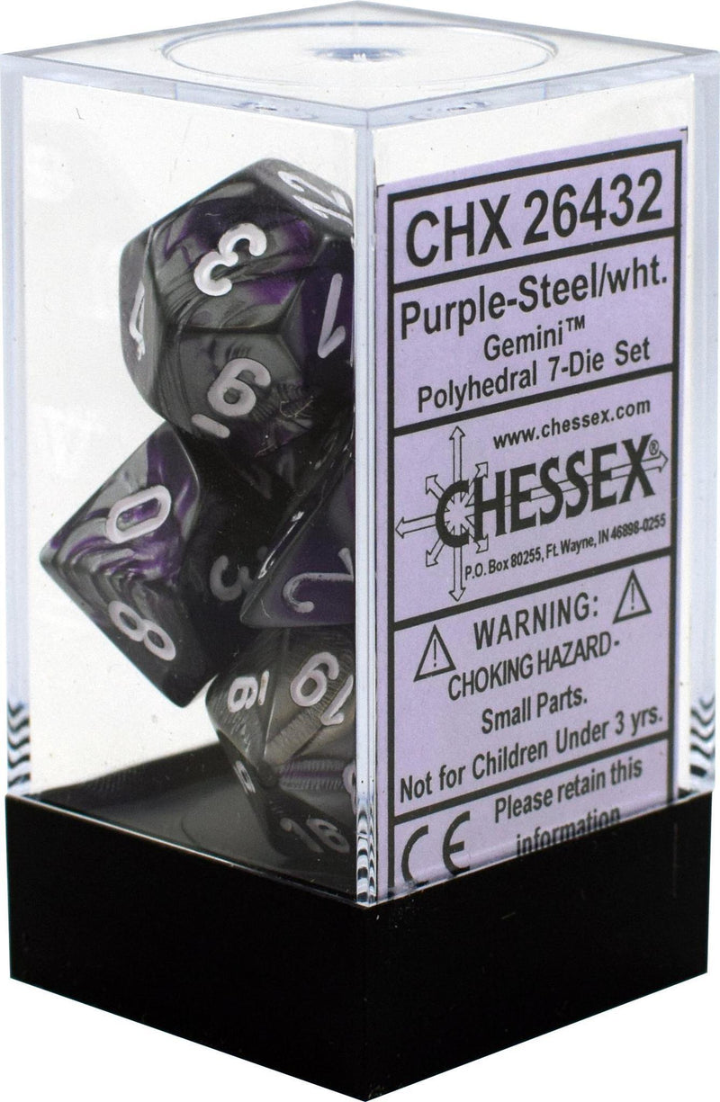Chessex: Gemini Purple Steel w/ White - Polyhedral Dice Set (7) - CHX26432