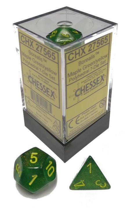 Chessex: Borealis Maple Green w/ Yellow - Polyhedral Dice Set (7) - CHX27565