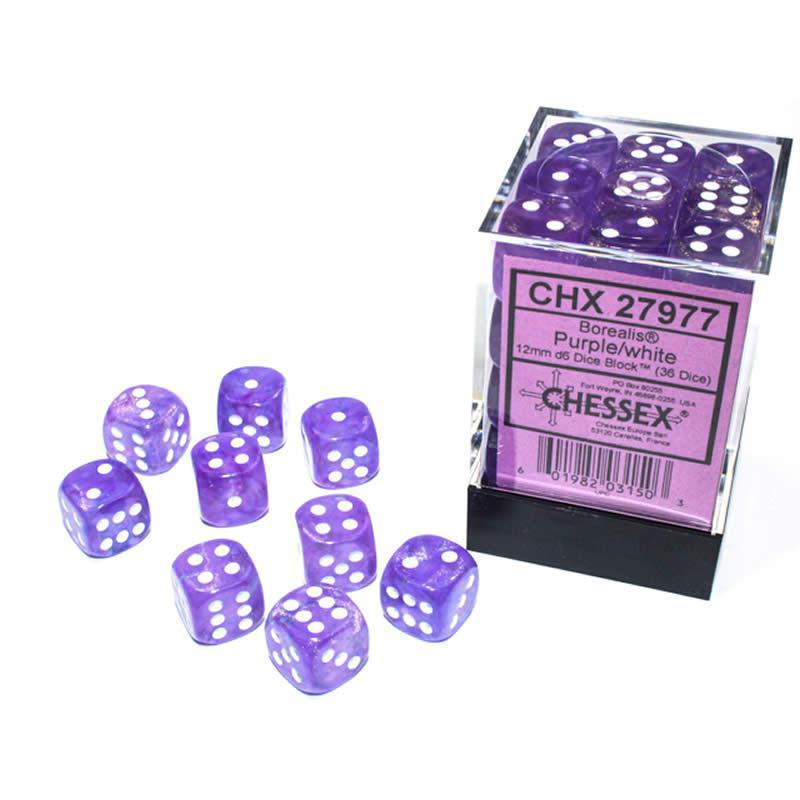 Chessex: Borealis Luminary Purple w/ White - 12mm d6 Dice Set (36) - CHX27977