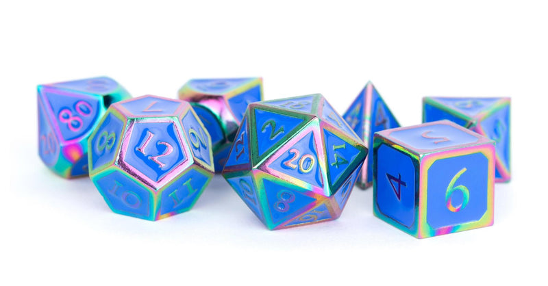 Metallic Dice Games: Rainbow with Blue Enamel Metal 16mm - Polyhedral Dice Set (7)