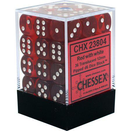 Chessex: Translucent Red w/ White - 12mm d6 Dice Set (36) - CHX23804