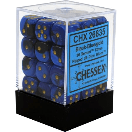Chessex: Gemini Black and Blue w/ Gold - 12mm d6 Dice Set (36) - CHX26835