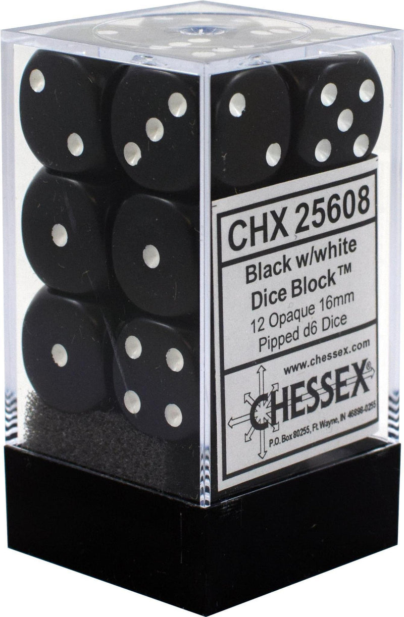 Chessex: Opaque Black w/ White - 16mm d6 Dice Set (12) - CHX25608