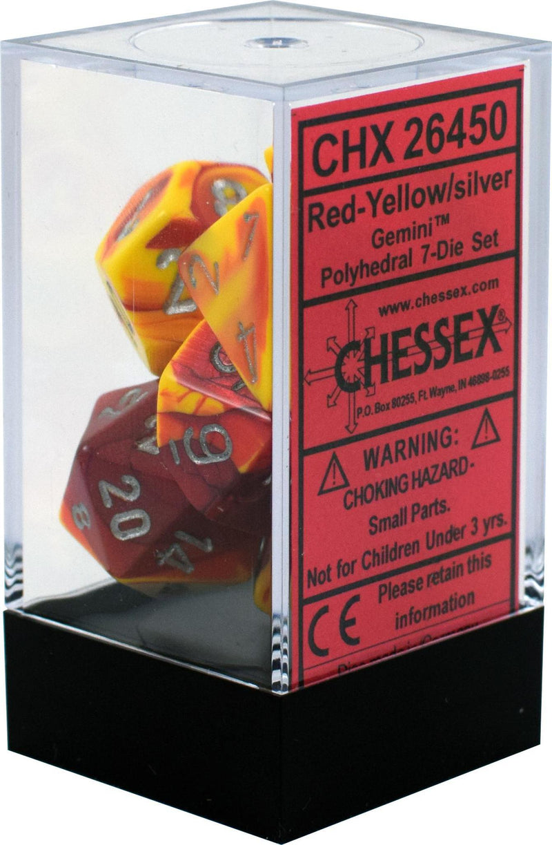 Chessex: Gemini Red and Yellow w/ Silver - Polyhedral Dice Set (7) - CHX26450