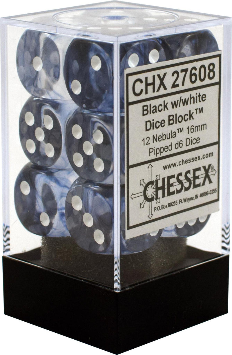 Chessex: Nebula Black w/ White - 16mm d6 Dice Set (12) - CHX27608