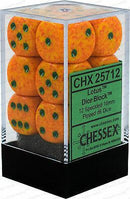 Chessex: Lotus Speckled Orange w/ Green - 16mm d6 Dice Set (12) - CHX25712