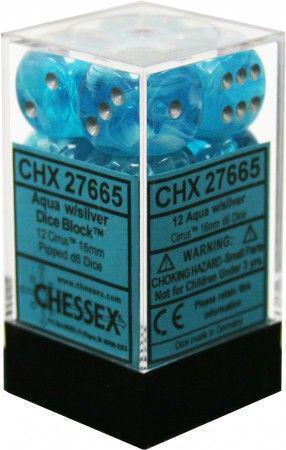 Chessex: Cirrus Aqua w/ Silver - 16mm d6 Dice Set (12) - CHX27665