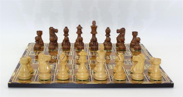French Sheesham/Natural Boxwood Chessmen on Marrakech Decoupage Chess Board