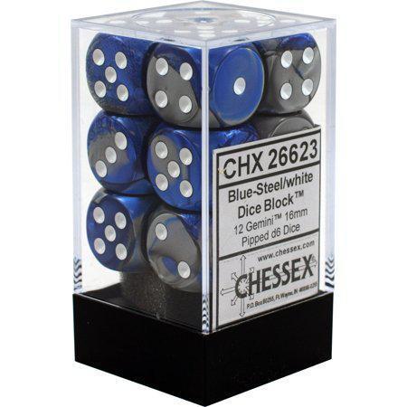 Chessex: Gemini Blue and Steel w/ White - 16mm d6 Dice Set (12) - CHX26623