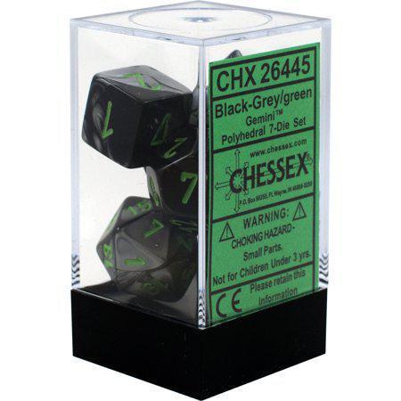Chessex: Gemini Black Grey w/ Green - Polyhedral Dice Set (7) - CHX26445