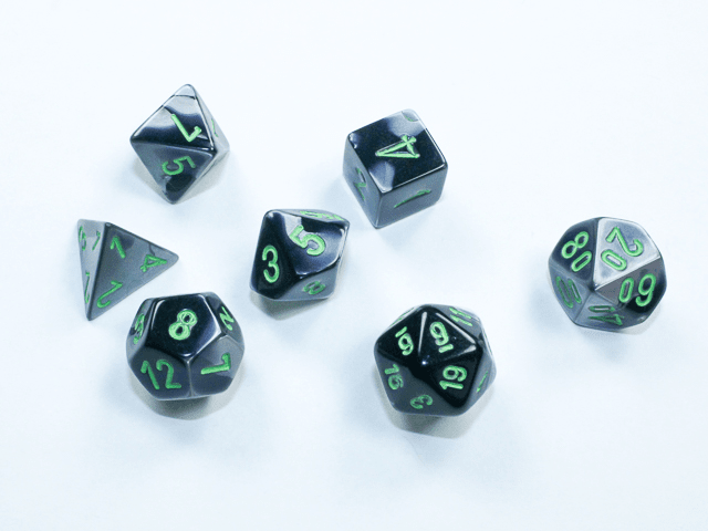 Chessex: Gemini Black Grey w/ Green - Mini Polyhedral Dice Set (7) - CHX20645 