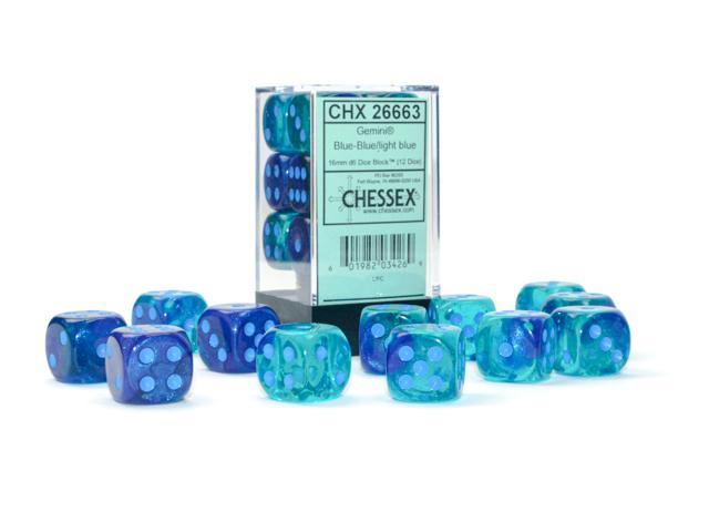 Chessex: Gemini Blue w/Light Blue Luminary - 16mm d6 Dice Set (12) - CHX26663 