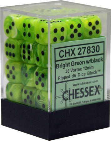 Chessex: Vortex Bright Green w/ Black - 12mm d6 Dice Set (36) - CHX27830