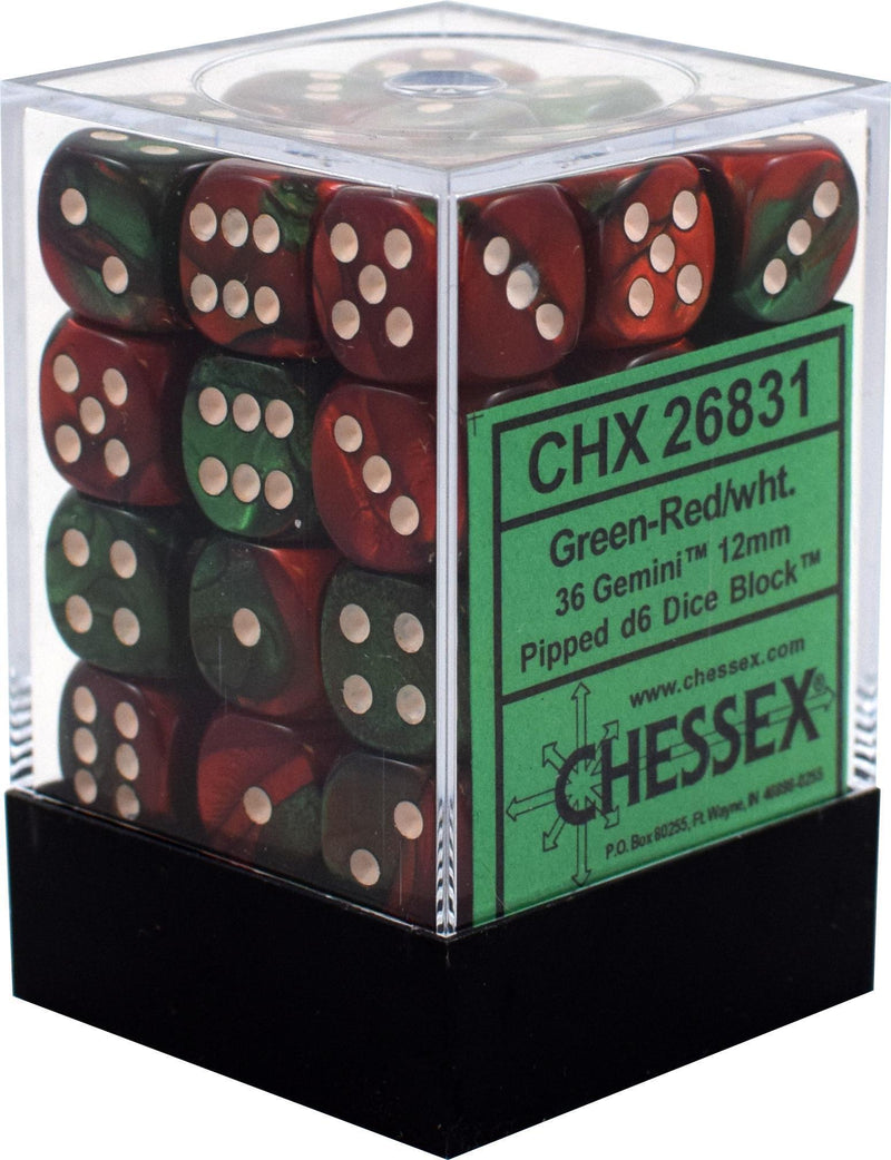 Chessex: Gemini Green and Red w/ White - 12mm d6 Dice Set (36) - CHX26831