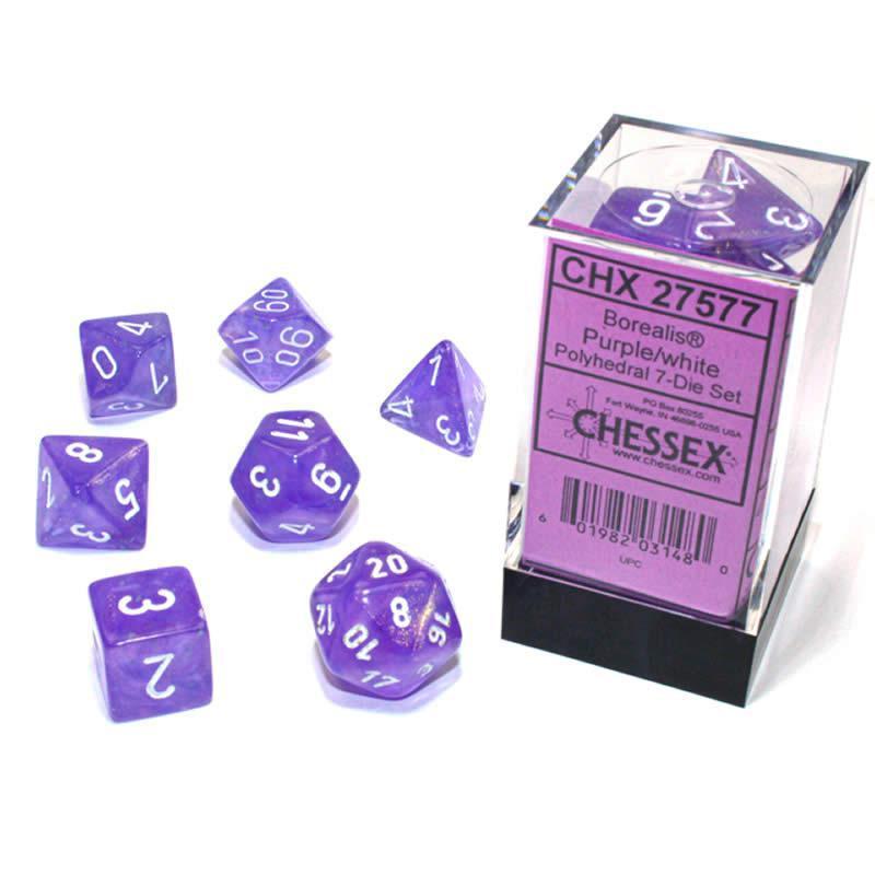 Chessex: Borealis Luminary Purple w/ White - Polyhedral Dice Set (7) - CHX27577