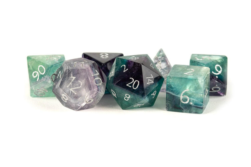 Metallic Dice Games: Engraved Rainbow Fluorite Gemstone - Polyhedral Dice Set (7)