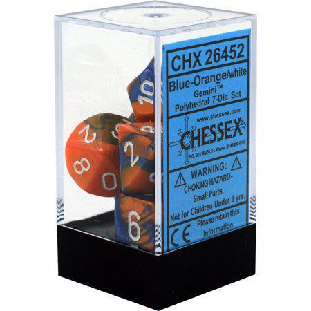 Chessex: Gemini Blue and Orange w/ White - Polyhedral Dice Set (7) - CHX26452