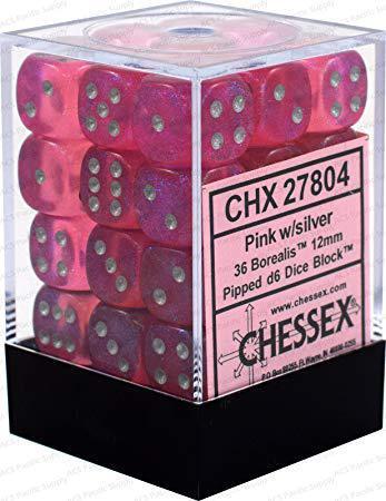 Chessex: Borealis Pink w/ Silver - 12mm d6 Dice Set (36) - CHX27804