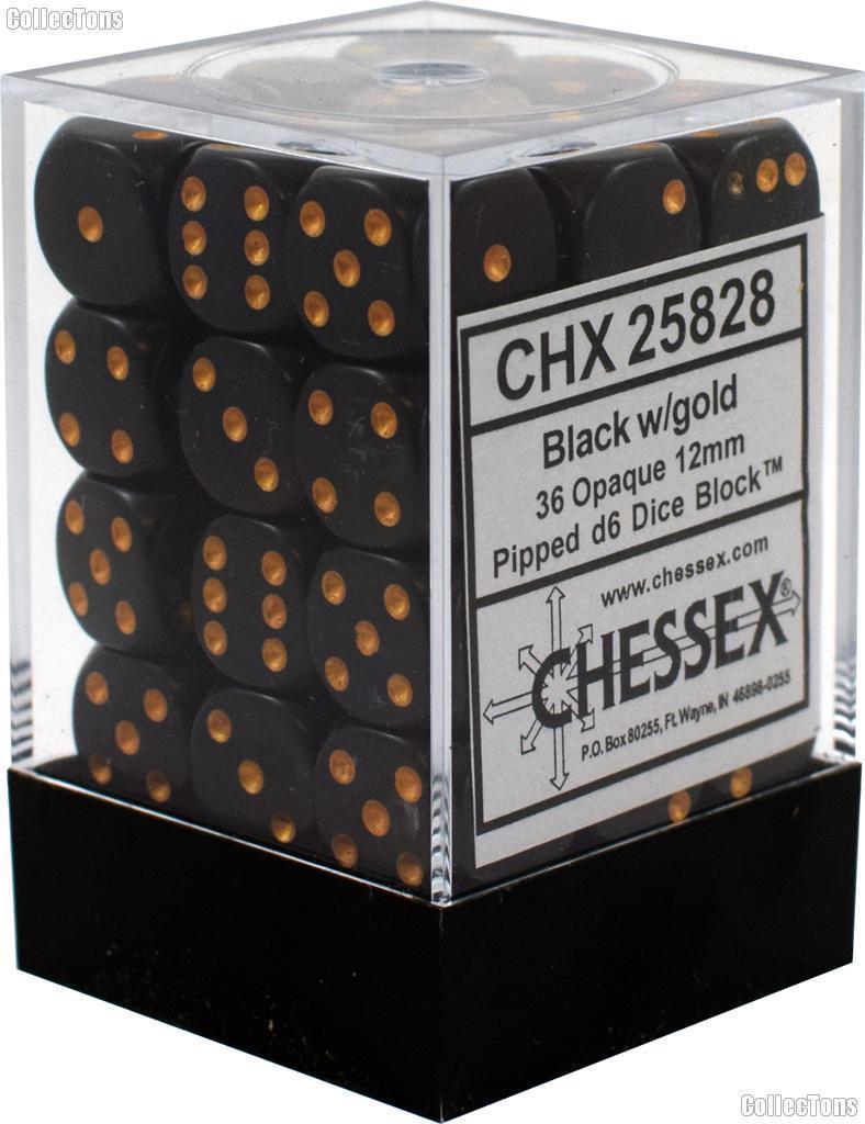 Chessex: Opaque Black w/ Gold - 12mm d6 Dice Set (36) - CHX25828