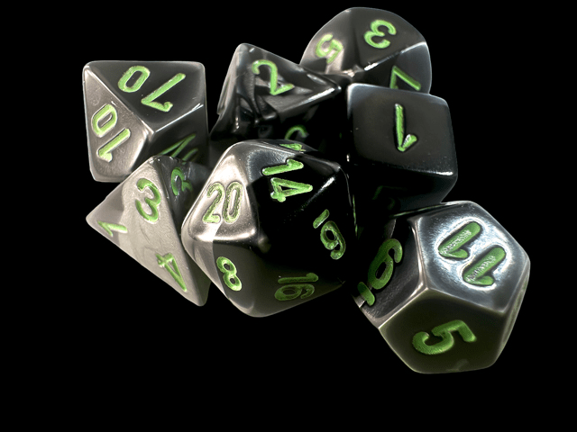 Chessex: Gemini Black Grey w/ Green - Mini Polyhedral Dice Set (7) - CHX20645 