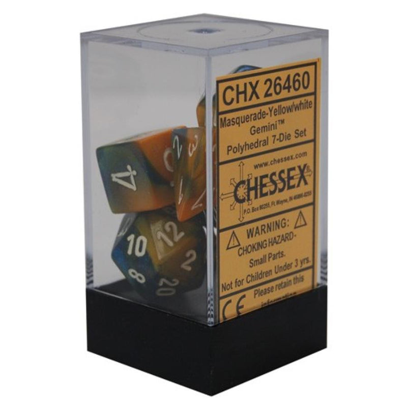 Chessex: Gemini Masquerade Yellow w/ White - Polyhedral Dice Set (7) - CHX26460