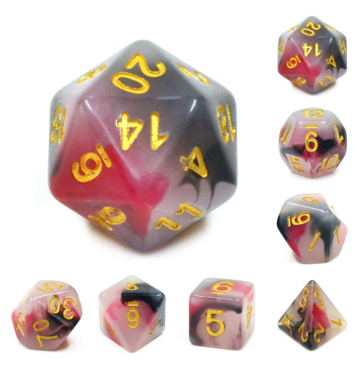 "Dark Berry Valor" - Black and Red Swirl with Gold - Polyhedral Dice (7) - Level One Dice 